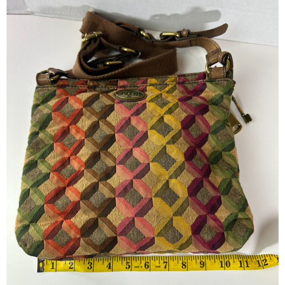 FOSSIL Diamond Tapestry Zip Crossbody Shoulder Bag Geo Hippie Boho Festival - Picture 9 of 14